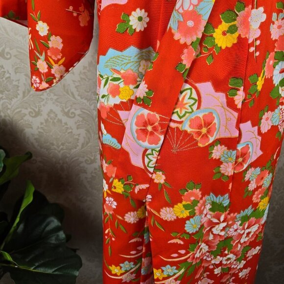 Vintage Japanese Open Kimono Size 40 (Fits S/M) Orange w/Floral Pattern - Picture 3 of 12